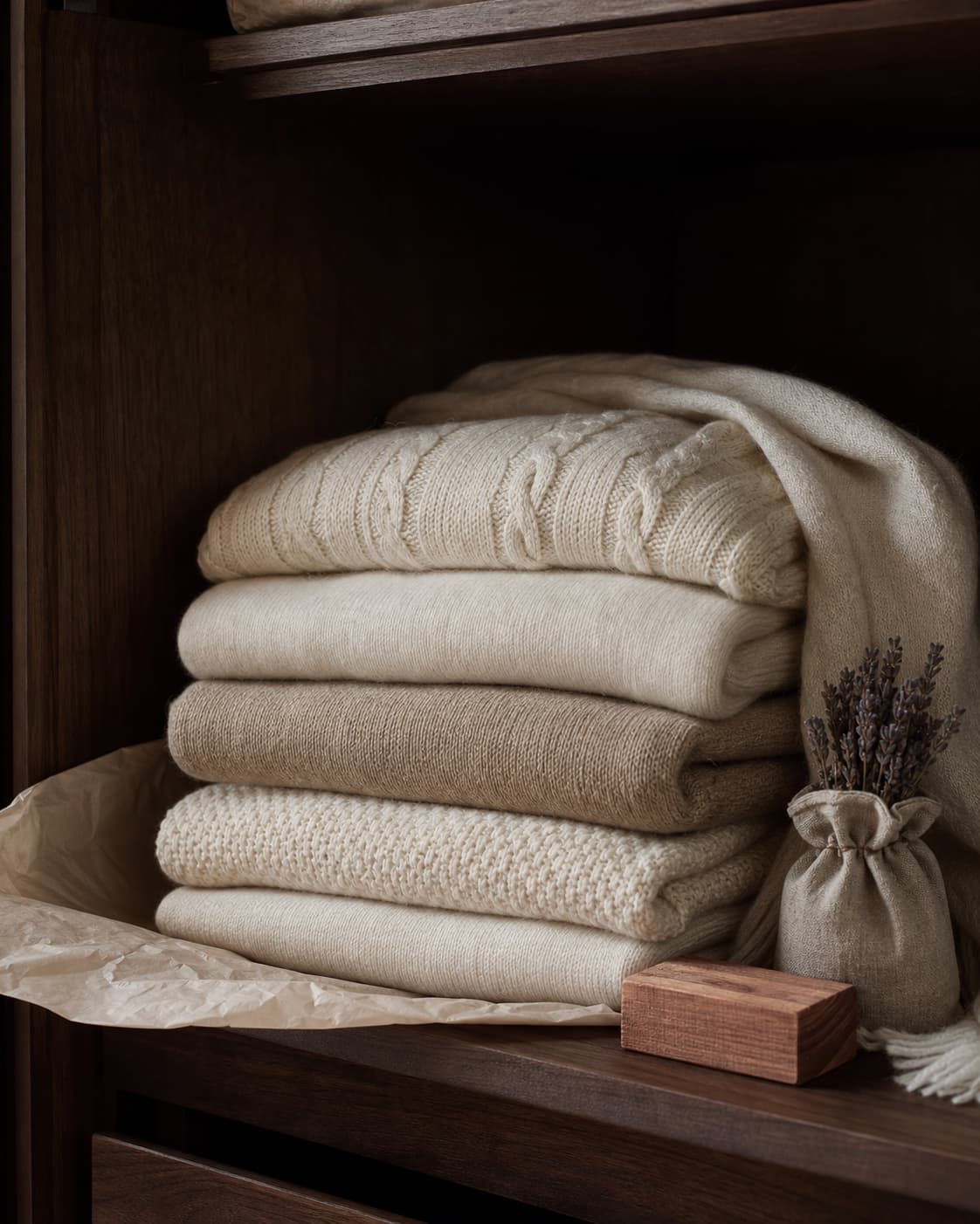 Fine knitwear folded for breathable wardrobe storage